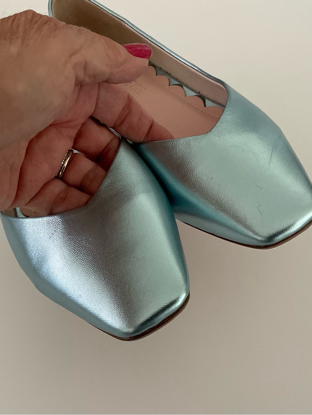 MISS L FIRE Metallic Mint Blue Square Toe Leather Flats Size EU 39 /9 NEW - Picture 4 of 9